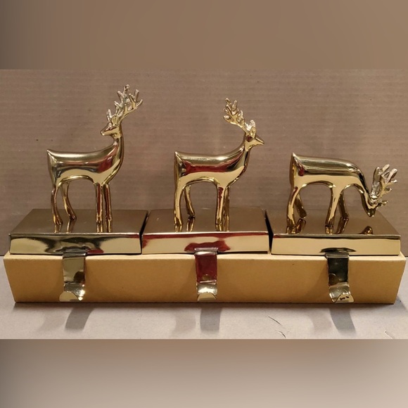 NIOB Company Store Set of 3 Reindeer Stocking Holders Gold Finish - Picture 2 of 2